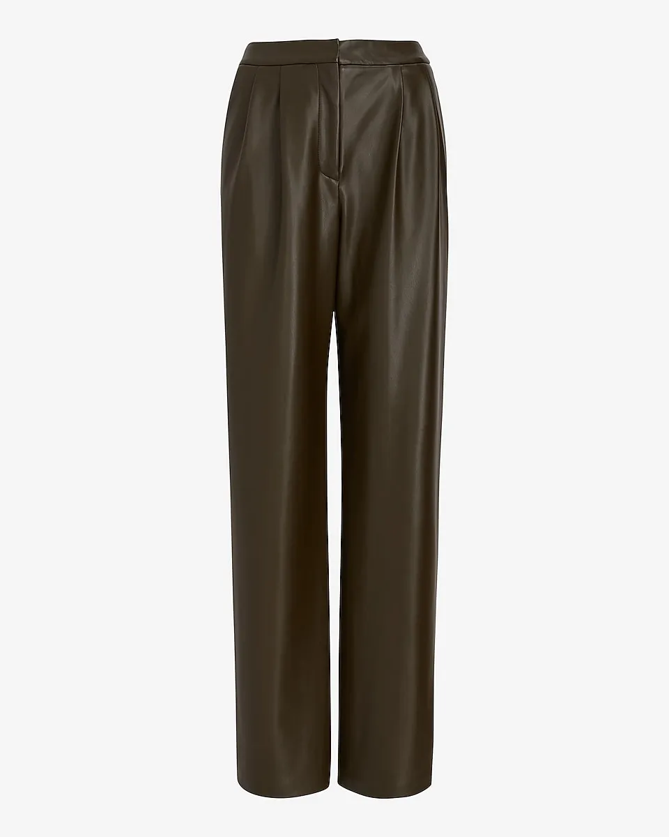 Super High Waisted Faux Leather Pleated Wide Leg Pant in Olive Green