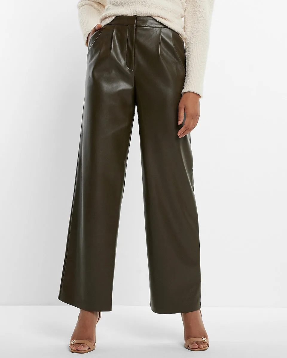 Super High Waisted Faux Leather Pleated Wide Leg Pant in Olive Green