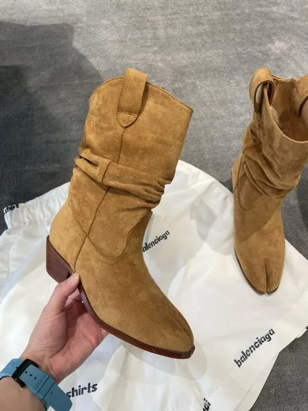 Tan Suede Split Toe Ankle Boots with Chunky Heel