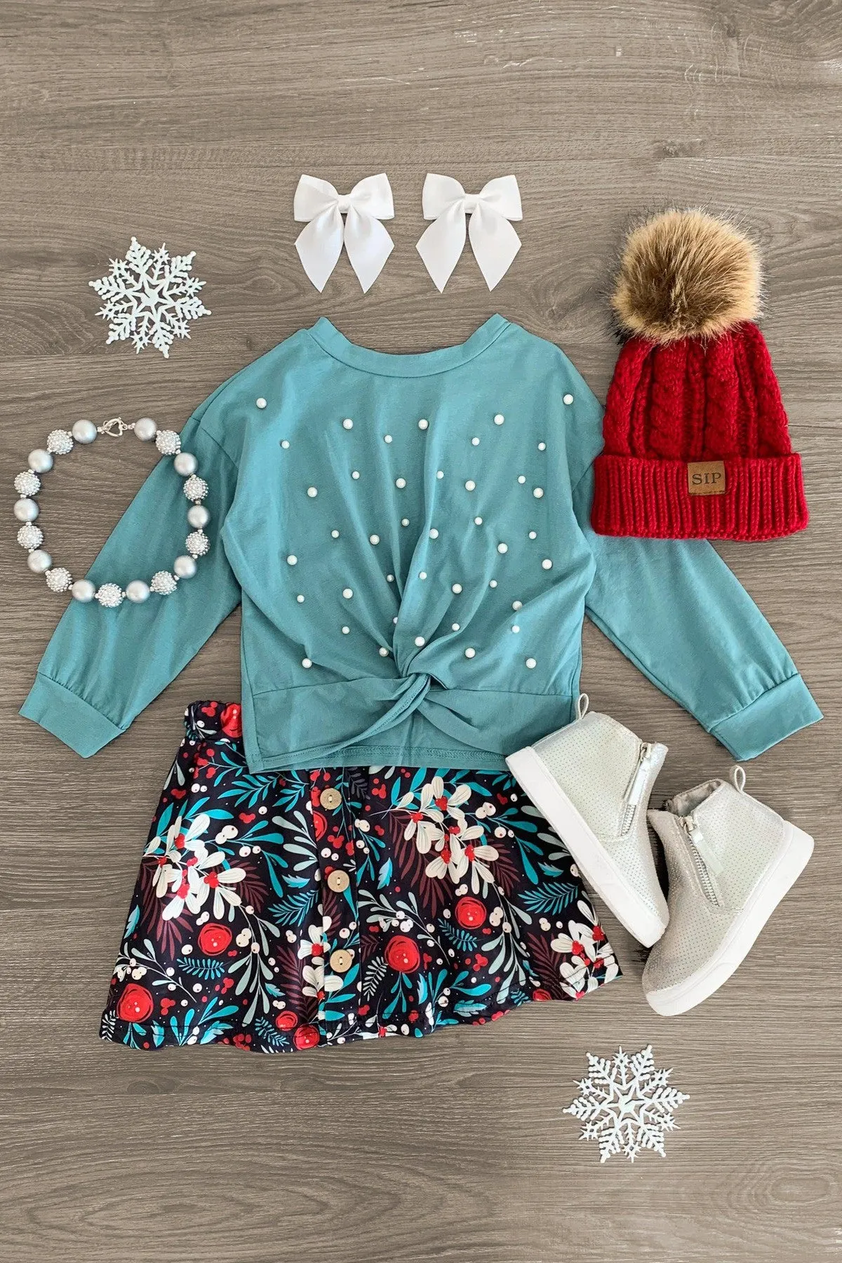 Teal Pearl Christmas Holly Skirt Set