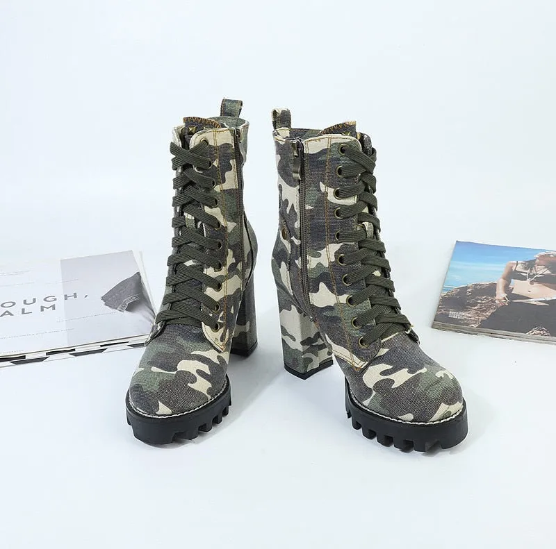 TEEK - Camouflage Lace Up Chunky Heel Denim Boots