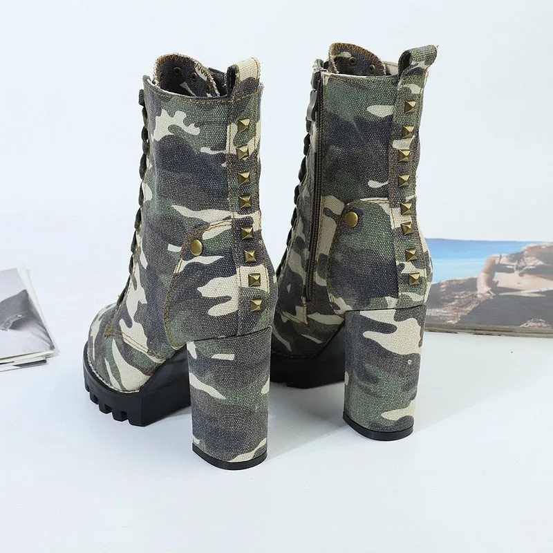 TEEK - Camouflage Lace Up Chunky Heel Denim Boots