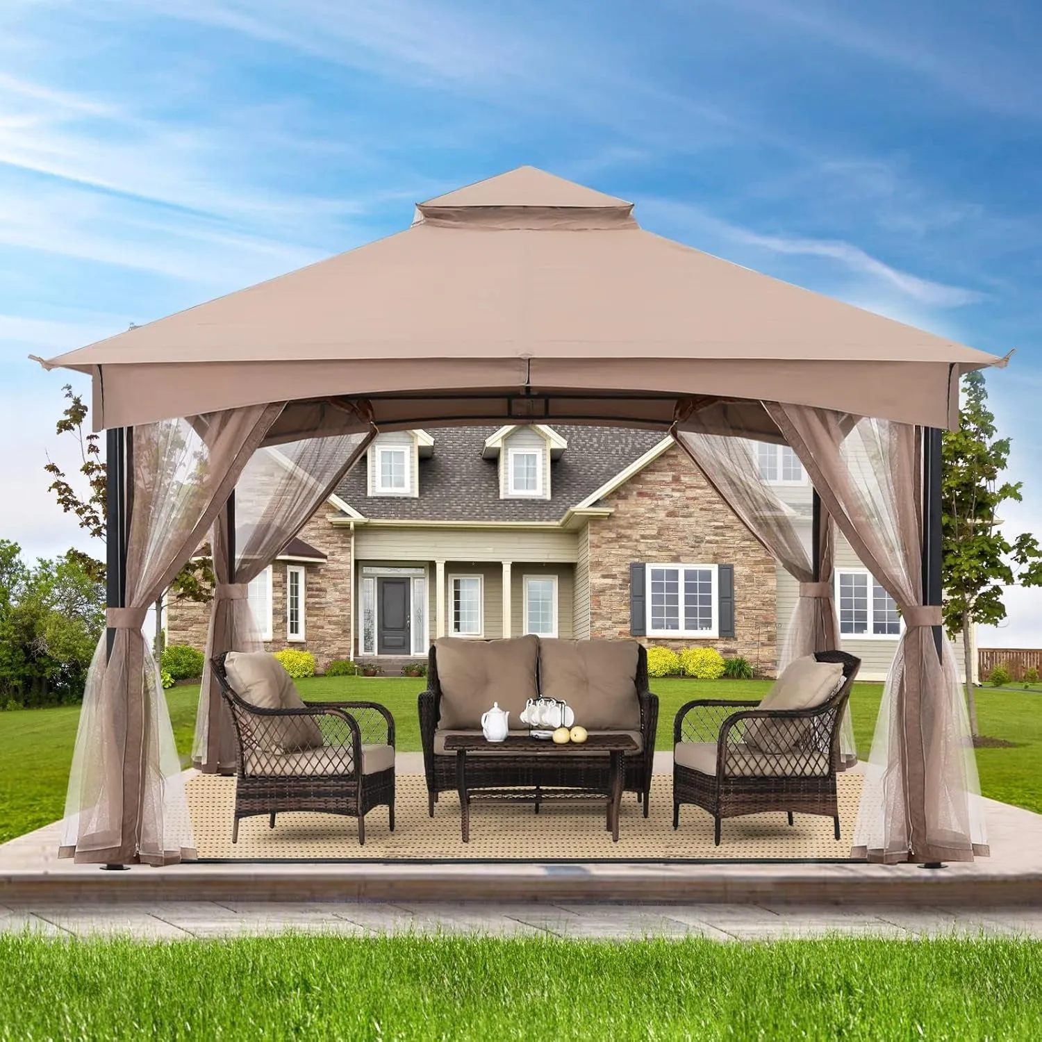 Tool Free Patio Gazebo Screw Free Easy Installation Outdoor Garden Gazebo with Netting Walls (11X11,Khaki)