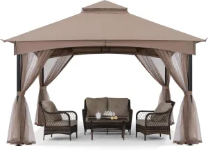 Tool Free Patio Gazebo Screw Free Easy Installation Outdoor Garden Gazebo with Netting Walls (11X11,Khaki)