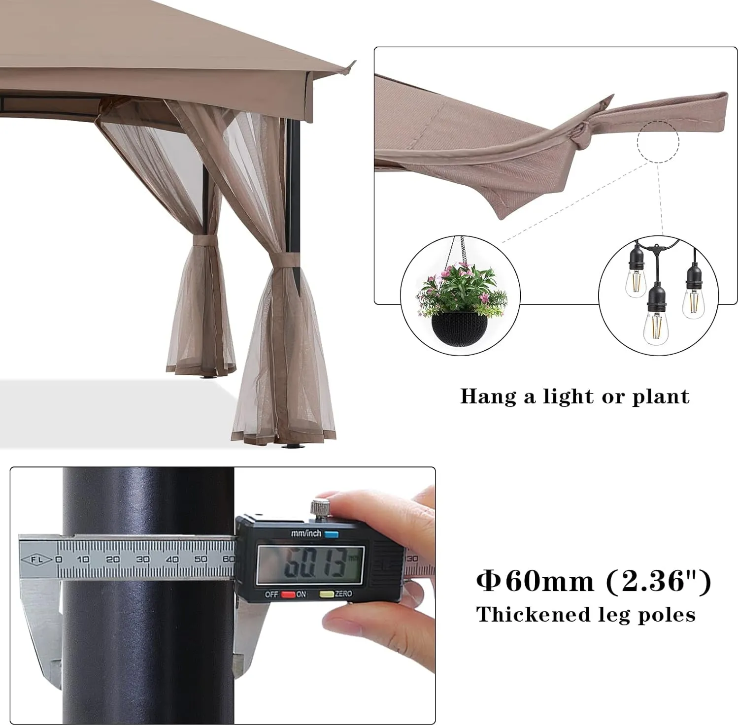 Tool Free Patio Gazebo Screw Free Easy Installation Outdoor Garden Gazebo with Netting Walls (11X11,Khaki)