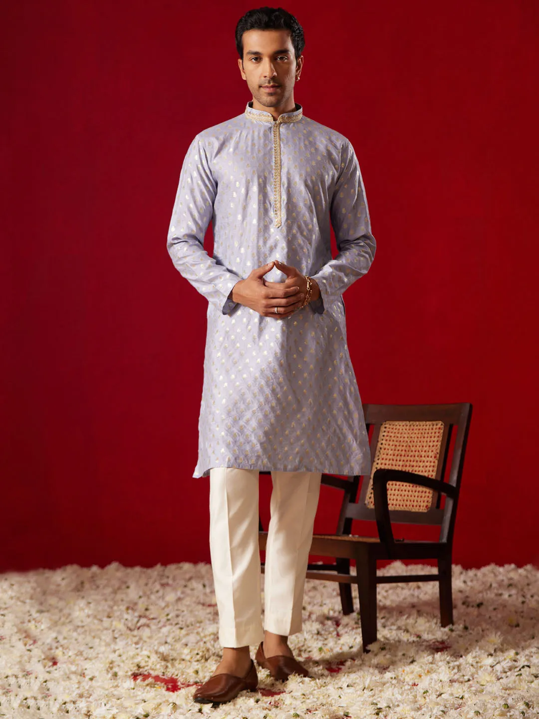 VASTRAMAY Aqua Blue Silk Kurta Set