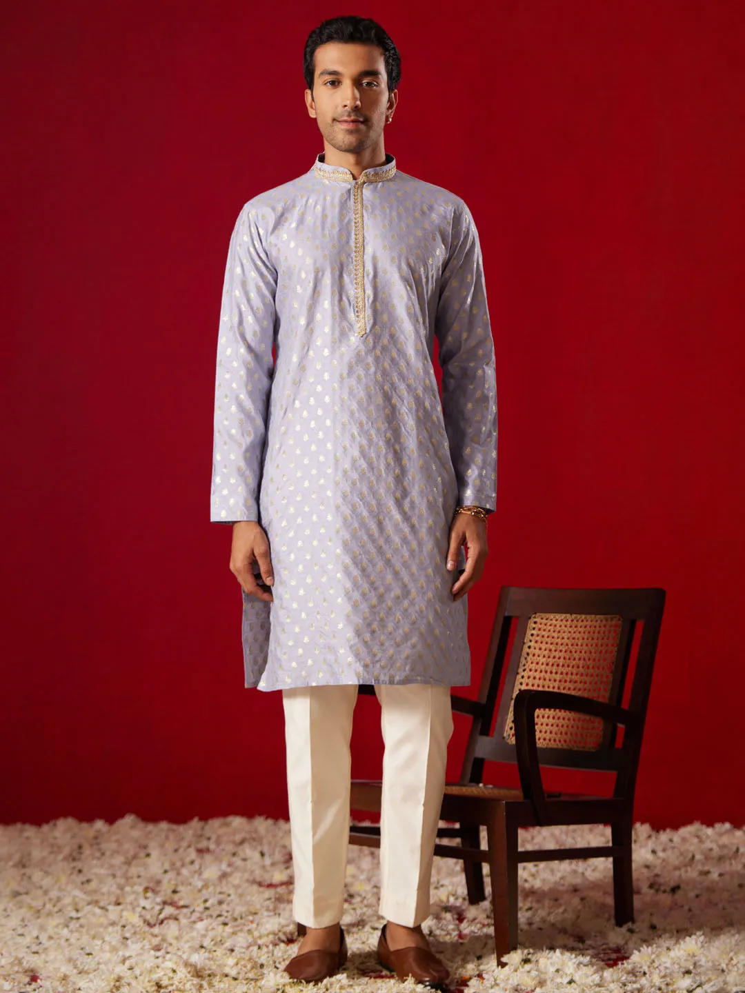 VASTRAMAY Aqua Blue Silk Kurta Set