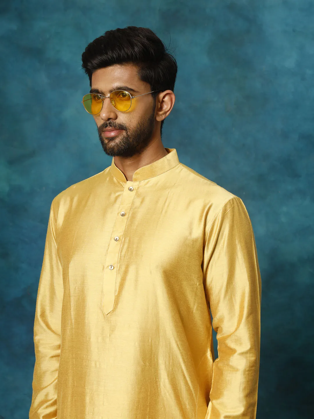 Vastramay Men's Mustard Viscose Kurta Pant Set