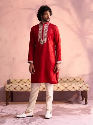 Vastramay Red Silk Embroidered Kurta Pyjama