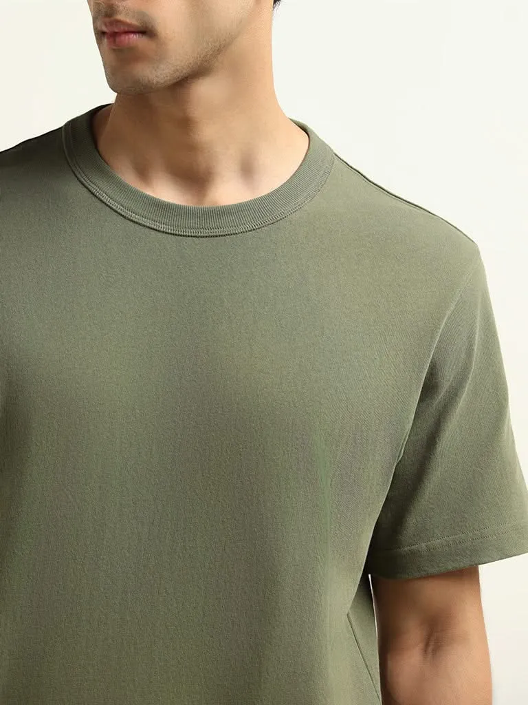 WES Casuals Green Cotton Relaxed Fit T-Shirt