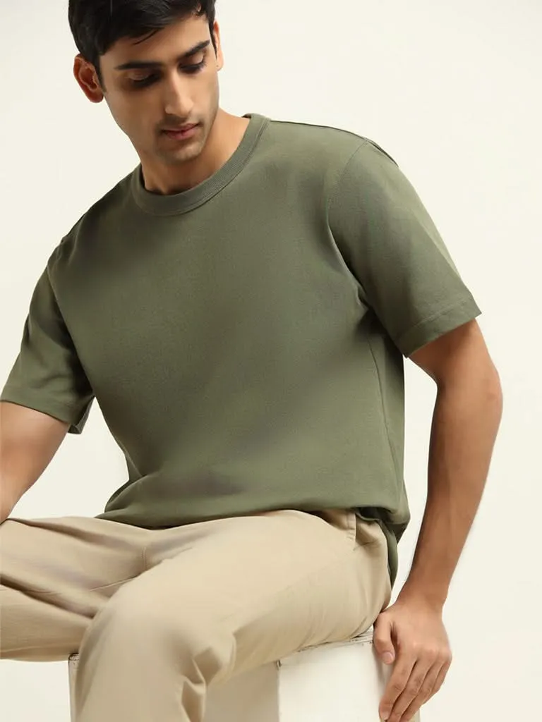 WES Casuals Green Cotton Relaxed Fit T-Shirt