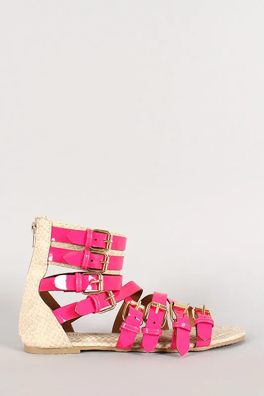 Wild Diva Lounge Neon Buckle Strappy Gladiator Flat Sandal