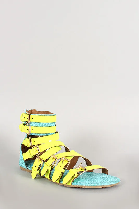 Wild Diva Lounge Neon Buckle Strappy Gladiator Flat Sandal