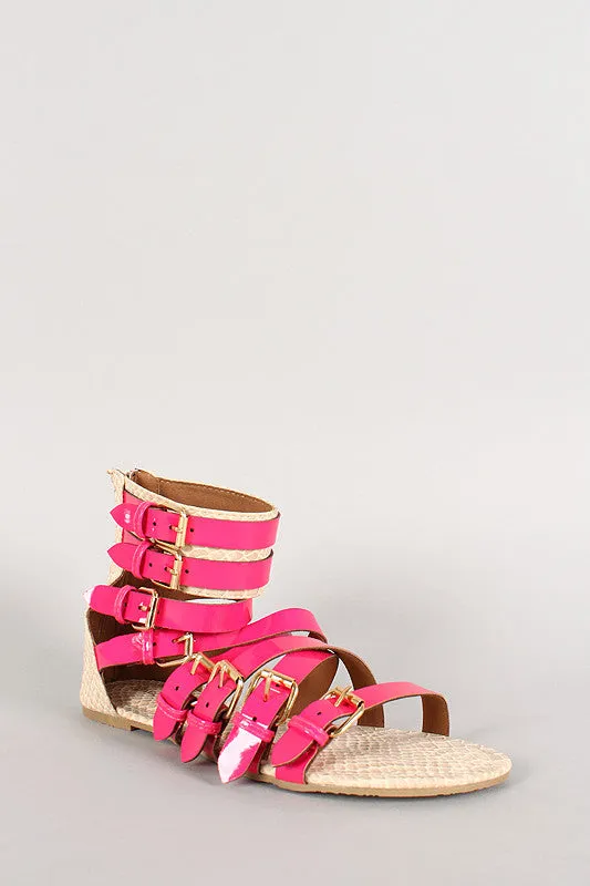 Wild Diva Lounge Neon Buckle Strappy Gladiator Flat Sandal