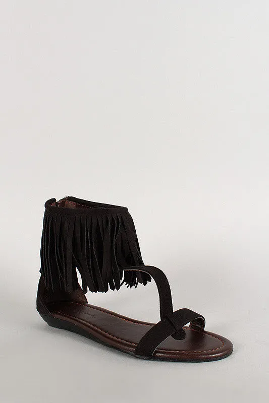 Wild Diva Suede Fringe T-Strap Open Toe Flat Sandal