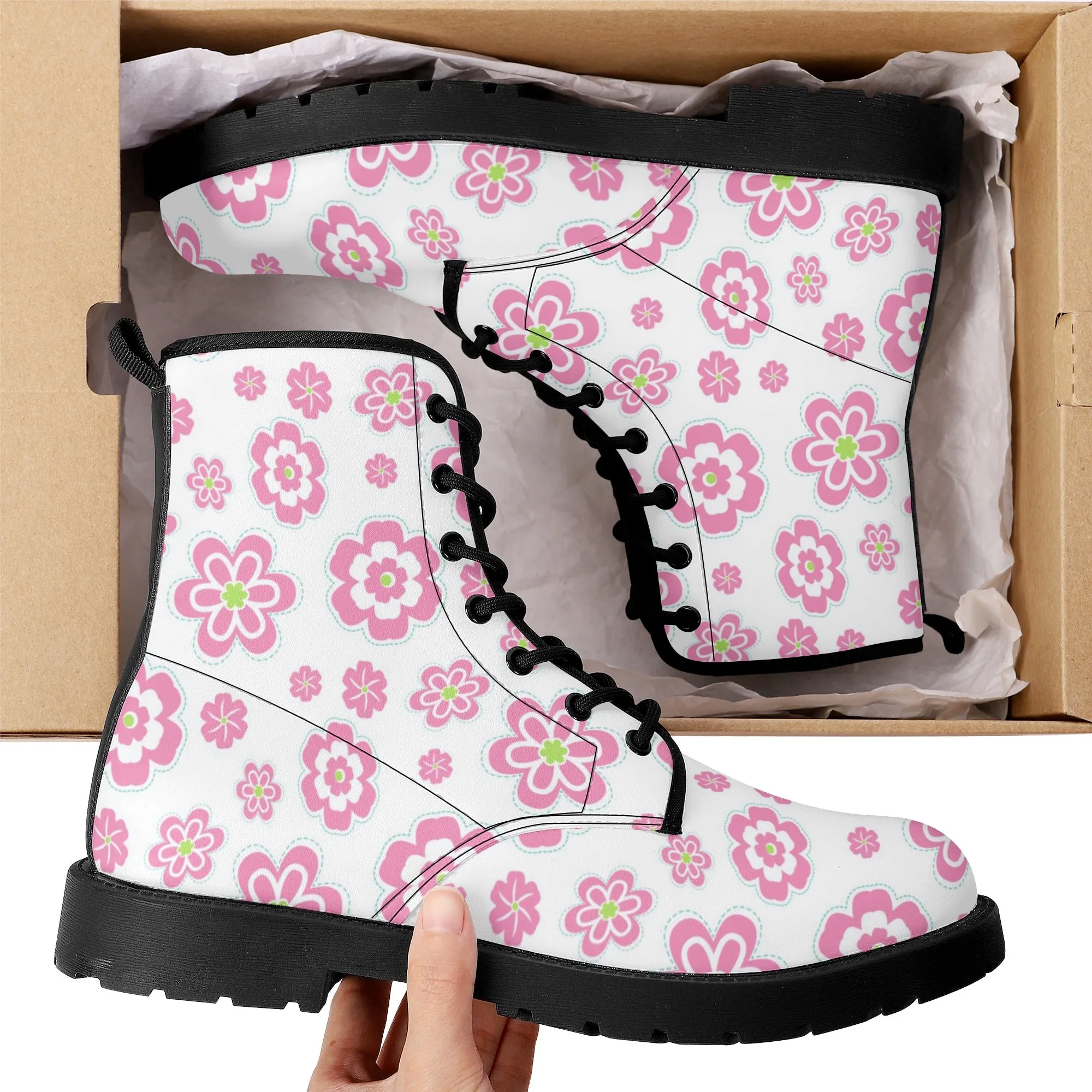 Womens Retro Pink Flowers Boots