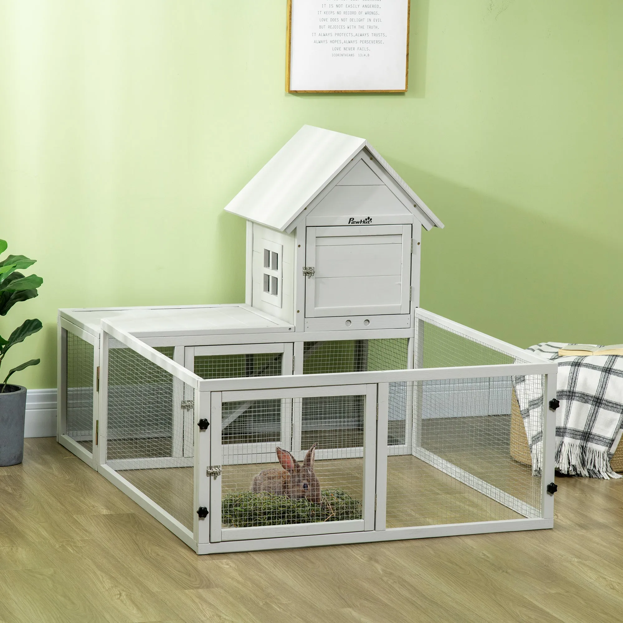 Wooden Rabbit Hutch with Extra Fenced Area, Large Guinea Pig Cage, Small Animal House for Indoor with Slide-out Tray, Grey