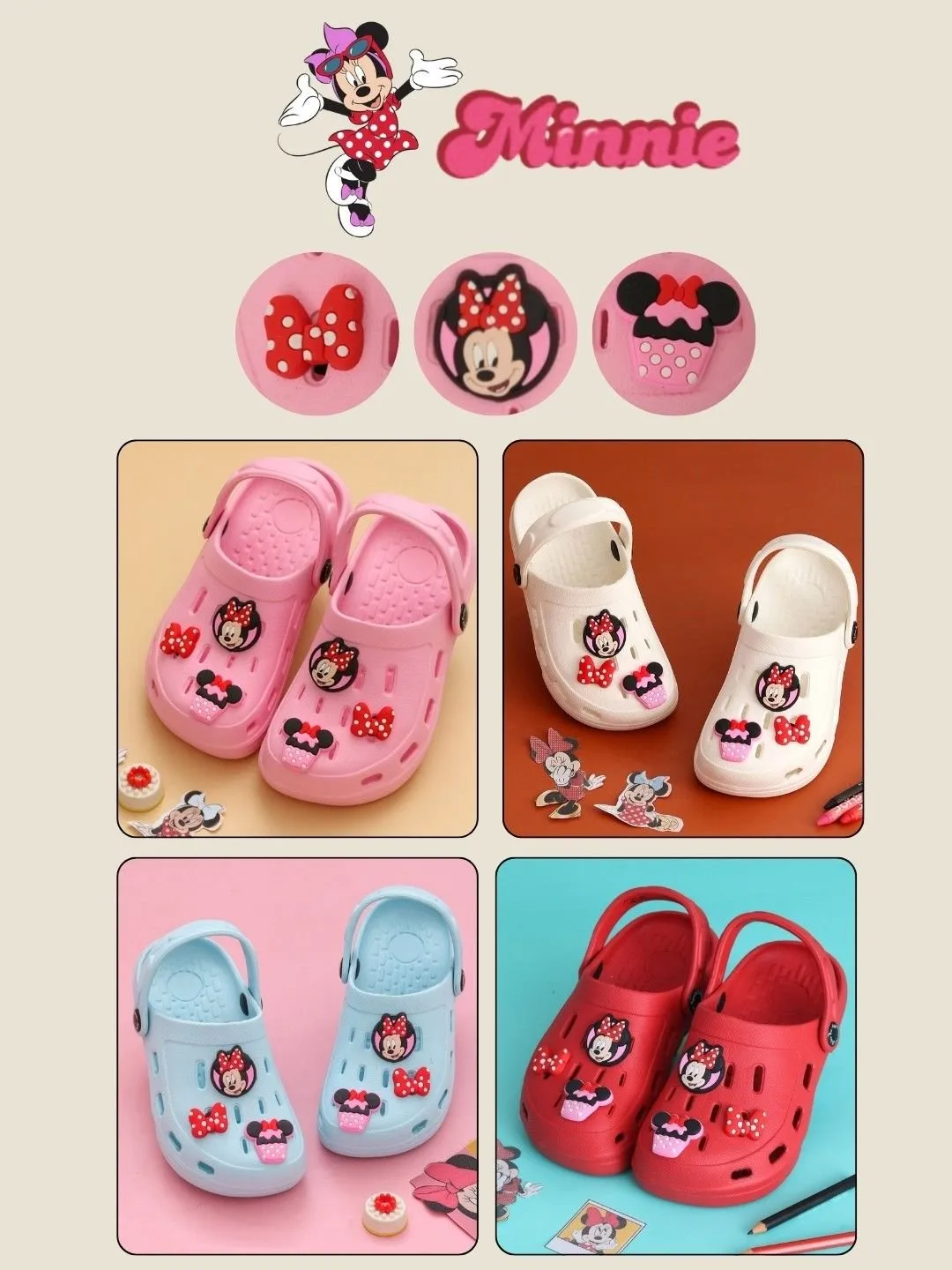 Yellow Bee Girls’ Disney Minnie Mouse Clogs with Bow & Cupcake Charms – Red