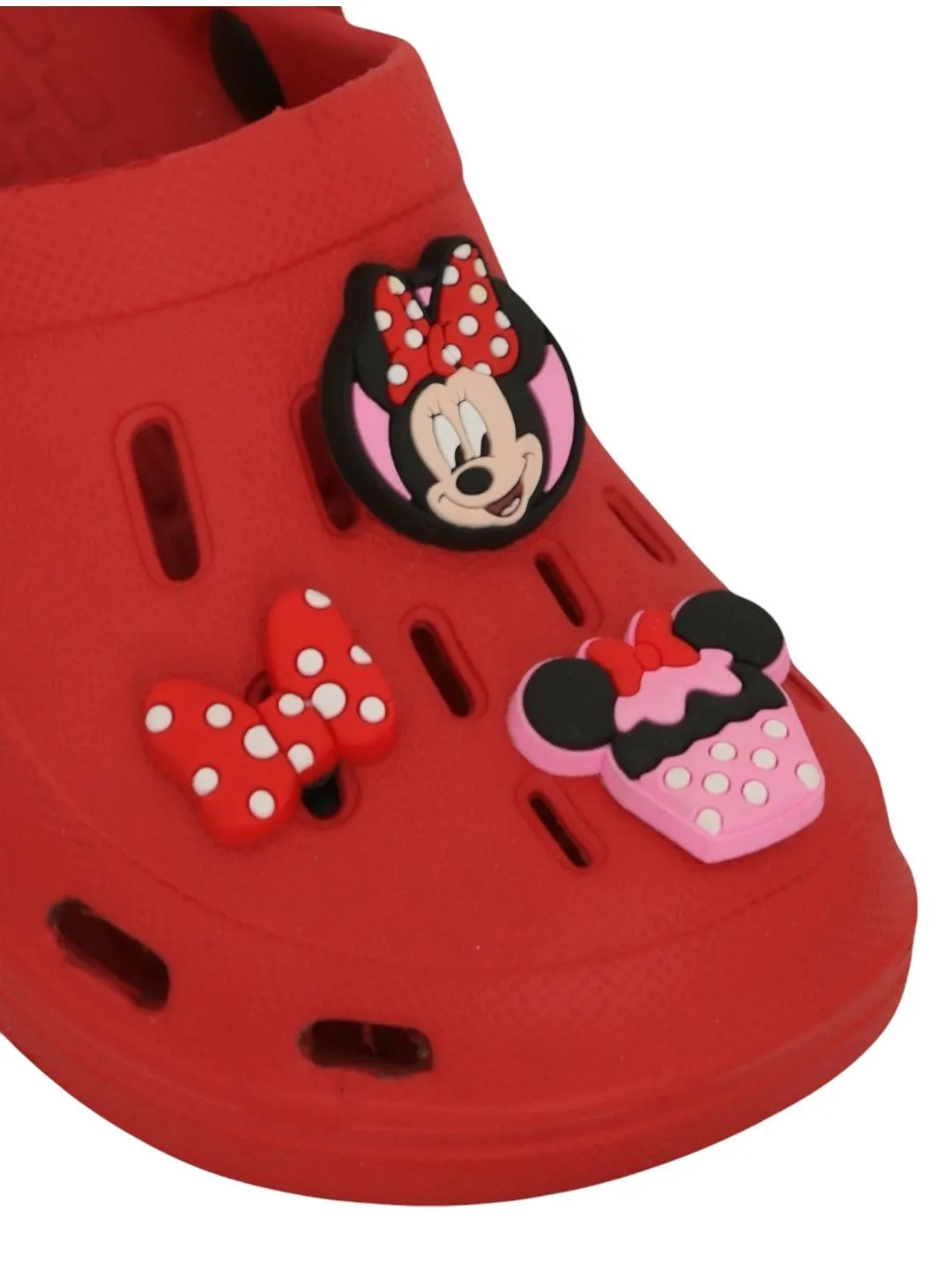 Yellow Bee Girls’ Disney Minnie Mouse Clogs with Bow & Cupcake Charms – Red